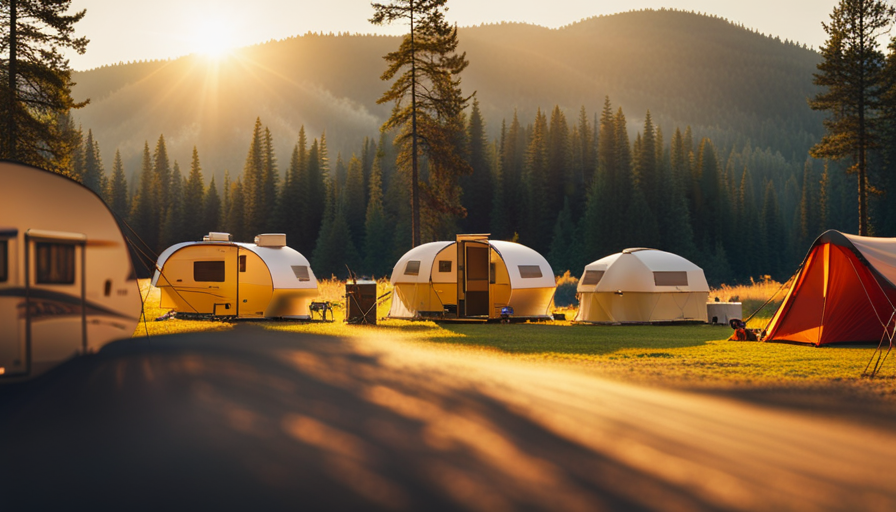 An image showcasing a scenic campground bathed in golden sunlight, with a row of spacious, modern campers lined up