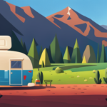 An image that showcases a pop-up camper parked in a serene campground surrounded by lush trees and a clear blue sky