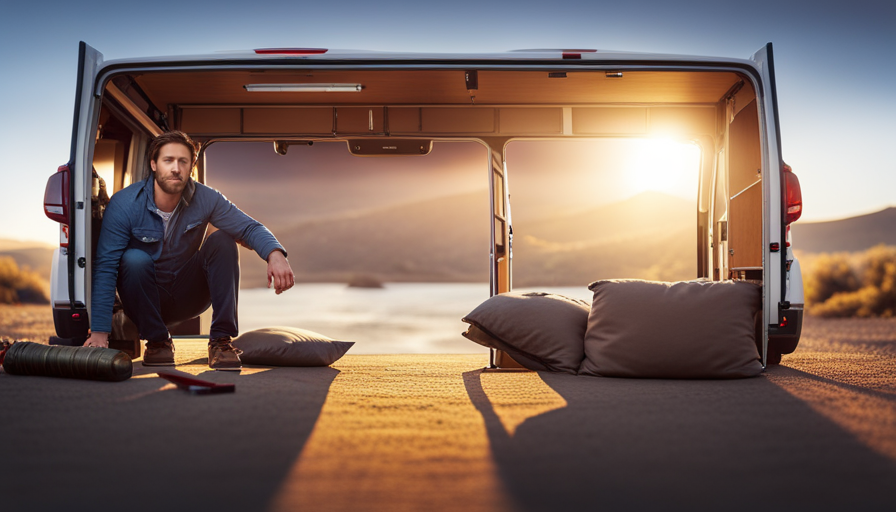 An image capturing the transformation of a bare cargo van into a cozy camper haven