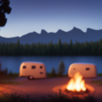 An image showcasing a serene campsite at dusk, with a cozy camper van nestled amidst towering trees