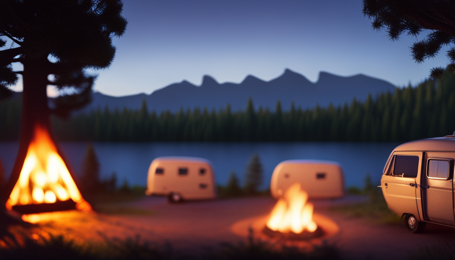 An image showcasing a serene campsite at dusk, with a cozy camper van nestled amidst towering trees