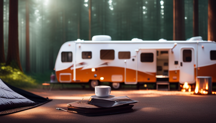 An image featuring a vibrant campsite amidst towering pine trees, with a cozy camper parked nearby