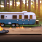 An image depicting a serene campground scene, with a cozy pop-up camper parked amidst towering pine trees