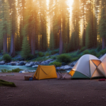 An image showcasing a picturesque campsite with a cozy, compact camper nestled amidst towering pine trees