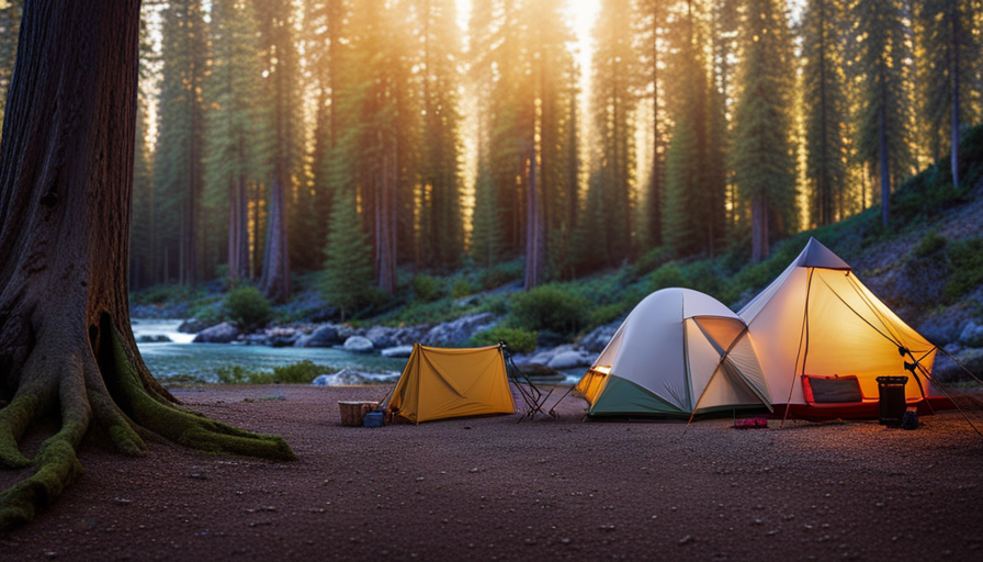 An image showcasing a picturesque campsite with a cozy, compact camper nestled amidst towering pine trees