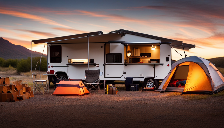 An image showcasing a spacious, well-organized storage unit filled with neatly stacked camping gear, outdoor essentials, and a securely parked camper, highlighting the convenience and affordability of storing a camper