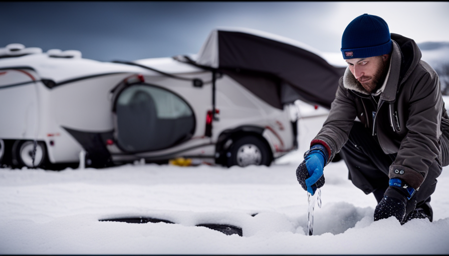 An image capturing the meticulous process of winterizing a camper: a person clad in heavy gloves carefully draining water from pipes, while nearby, antifreeze is poured into the tanks and a protective cover is secured tightly over the vehicle