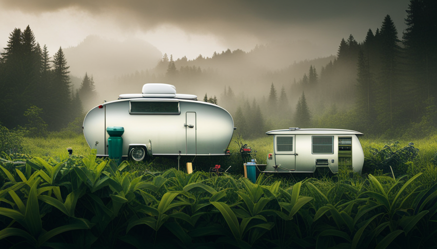 An image showcasing a camper with a transparent water tank, displaying its storage capacity clearly