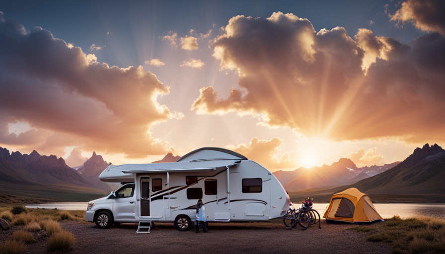 An image showcasing a sturdy, heavy-duty camper slide-out mechanism fully extended, supporting a diverse range of items such as bicycles, kayaks, and camping gear, illustrating the exceptional weight-bearing capacity of this innovative feature