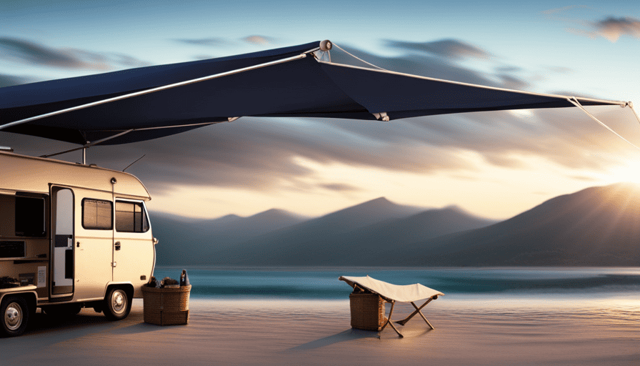 An image showcasing a sturdy camper awning standing tall amidst a powerful gust of wind