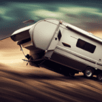 An image showcasing a camper precariously balanced on its side, caught in a fierce gust of wind
