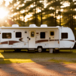 An image showcasing a scenic campground bathed in golden sunlight