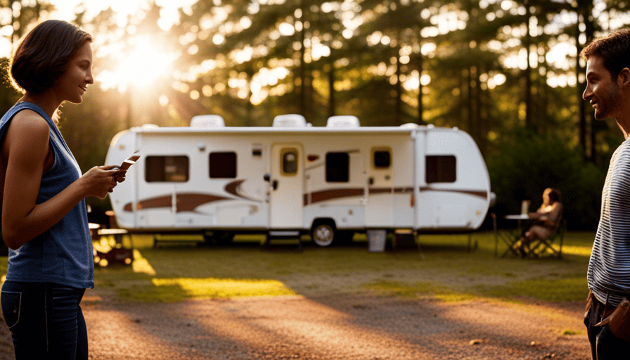 An image showcasing a scenic campground bathed in golden sunlight