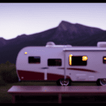 An image showcasing a camper trailer standing tall against a breathtaking mountain backdrop