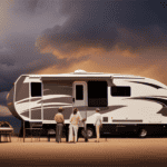 An image showcasing a 5th wheel camper towering over a typical house, highlighting its impressive height