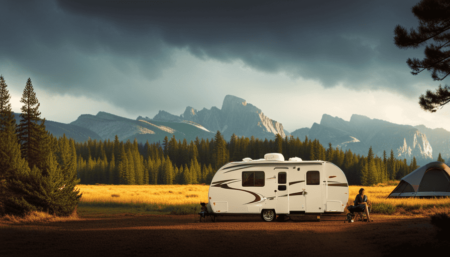 An image featuring a sleek, modern bumper pull camper parked in a scenic campground, its height prominently emphasized by towering pine trees in the background, evoking a sense of adventure and wanderlust