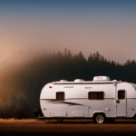 An image showcasing a camper trailer parked next to a towering redwood tree, highlighting the stark contrast in size
