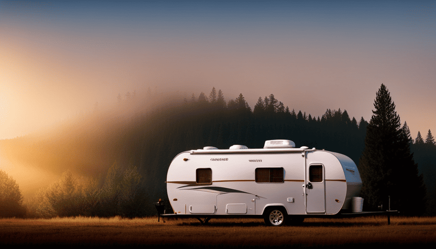 An image showcasing a camper trailer parked next to a towering redwood tree, highlighting the stark contrast in size