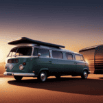 An image showcasing a camper van equipped with an air conditioning unit, standing tall against a scenic backdrop