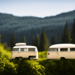 An image showcasing a towering camper van against a backdrop of a towering redwood forest, emphasizing the vast height of the vehicle in relation to its surroundings