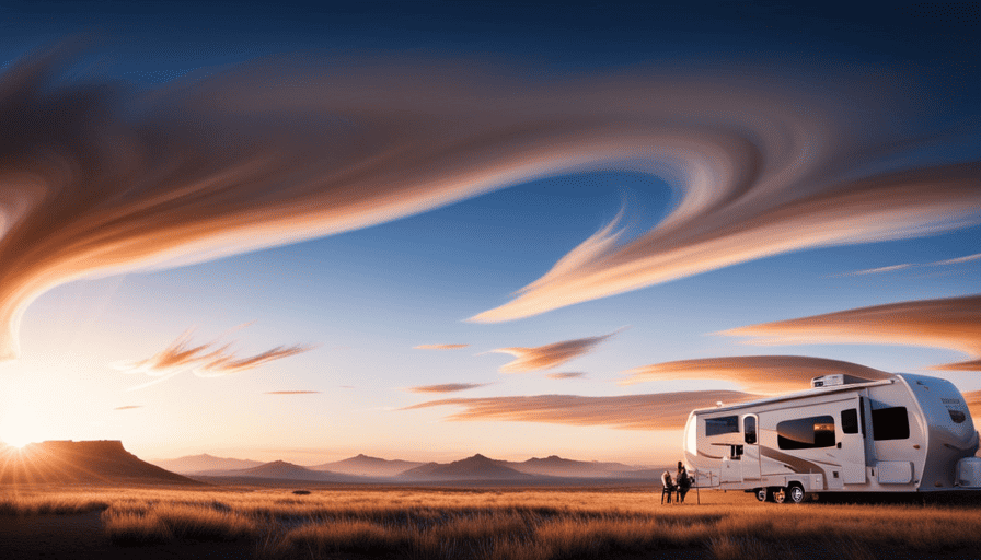 An image showcasing a towering fifth wheel camper against a picturesque backdrop, capturing its impressive height