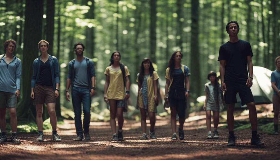 An image showcasing a diverse group of campers standing together in a forest, highlighting their varying heights