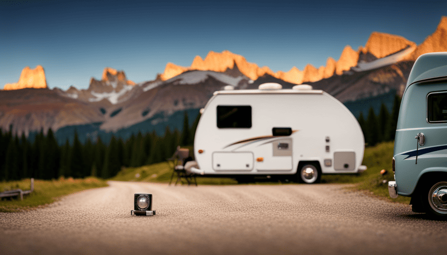 An image that shows a step-by-step visual guide to backing up a camper: a truck with a camper attached, reversing slowly, while the rearview mirror reflects a clear view of the camper's alignment to the campsite