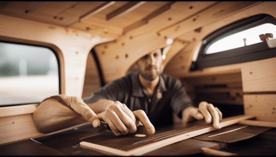 An image capturing the intricate process of constructing a camper on a trailer: a skilled craftsman assembling sturdy wooden frames, fitting windows, attaching solar panels, and meticulously wiring the electrical system