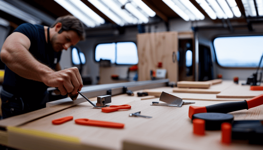 An image showcasing a step-by-step guide on building a camper: Tools neatly arranged on a workbench, plywood being cut into precise shapes, a frame being assembled, and a camper taking shape with windows, wheels, and a roof