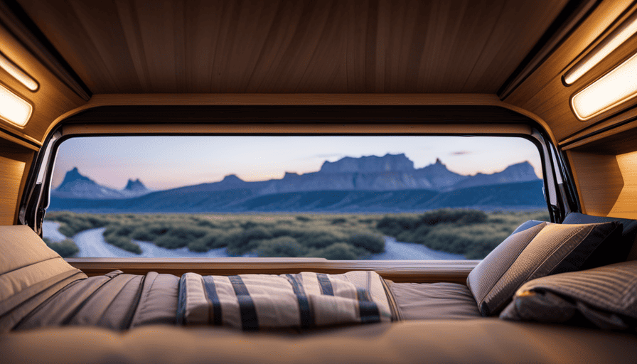 An image showcasing a spacious van interior transformed into a cozy camper