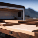 An image showcasing a step-by-step process of constructing a truck camper: a sturdy wooden frame being built, insulation being installed, walls being assembled, windows fitted, and a sleek roof being added