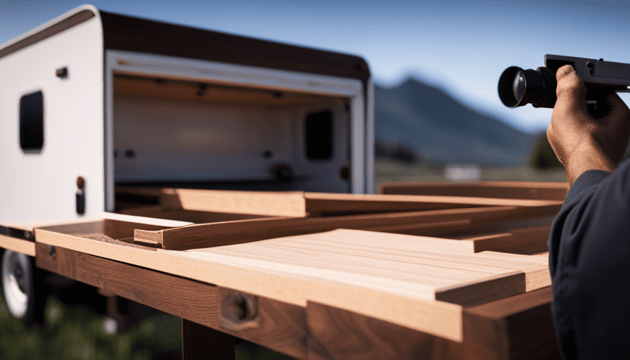 An image showcasing a step-by-step process of constructing a truck camper: a sturdy wooden frame being built, insulation being installed, walls being assembled, windows fitted, and a sleek roof being added