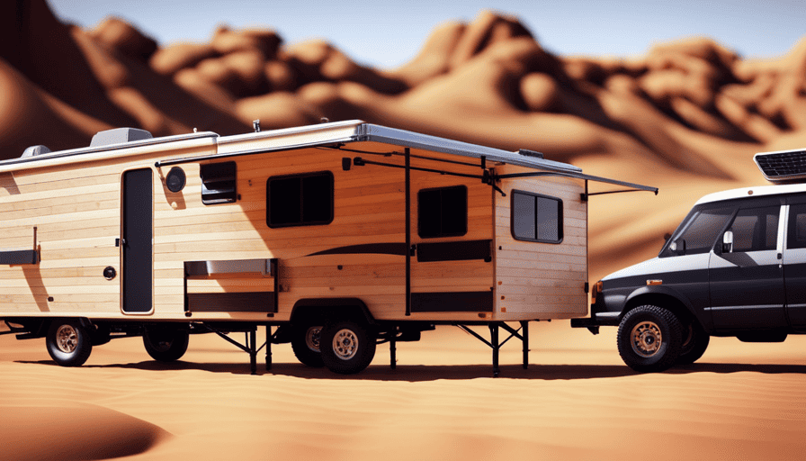 An image showcasing a sturdy wooden frame, outfitted with weather-resistant panels, sturdy wheels, and a sleek solar panel on its roof, representing the step-by-step process of constructing your own truck camper