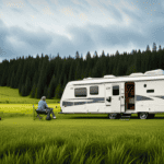 An image depicting a camper parked in a tranquil countryside setting, surrounded by lush greenery