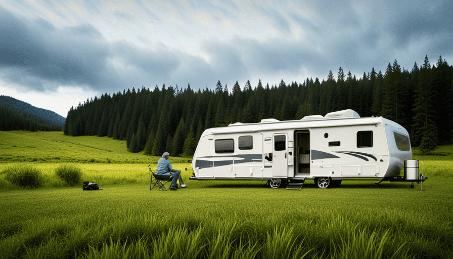 An image depicting a camper parked in a tranquil countryside setting, surrounded by lush greenery