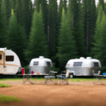 An image showcasing a sprawling campground, nestled in a lush forest, with a range of camper trailers displayed