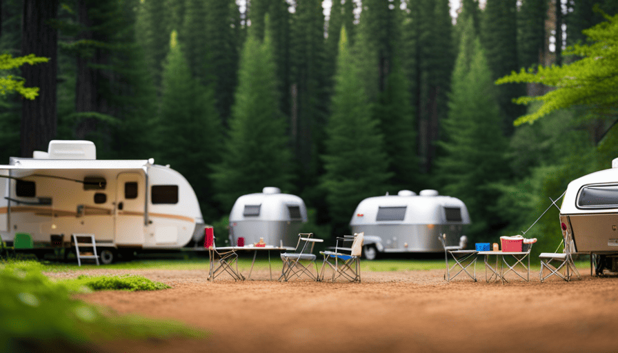 An image showcasing a sprawling campground, nestled in a lush forest, with a range of camper trailers displayed
