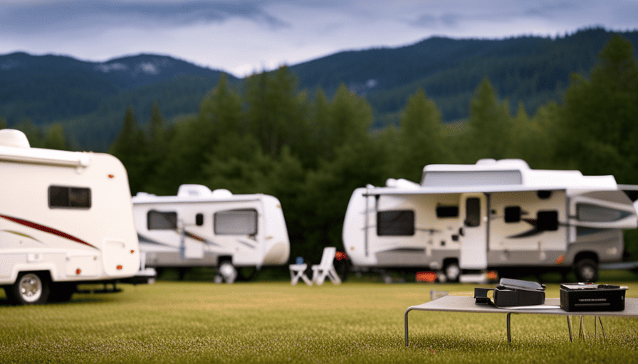 An image showcasing a wide variety of well-maintained used campers parked on a spacious lot