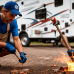 An image showcasing a step-by-step visual guide on changing a propane tank on a camper