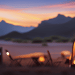 An image showcasing a serene campsite, bathed in golden sunset hues, with a solar panel gently soaking up rays on the roof of a camper
