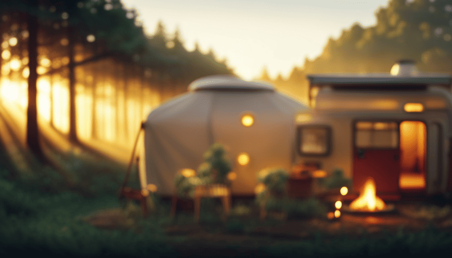 An image showcasing a cozy campsite nestled amidst a lush forest backdrop