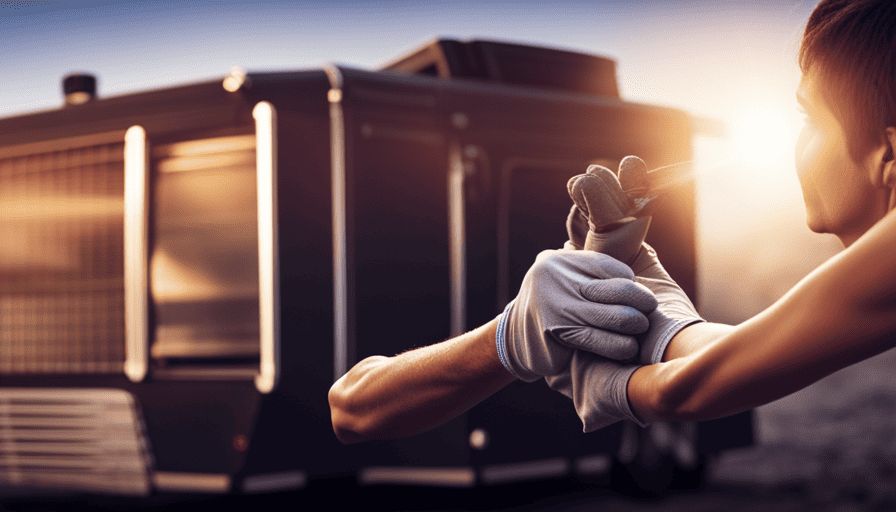 An image showcasing a person wearing protective gloves and using a soft cloth to meticulously wipe the dusty vents of a camper AC unit