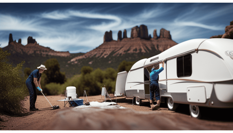An image that showcases a sunny day with a person wearing protective gloves and using a long-handled brush to meticulously scrub the camper roof, removing dirt, leaves, and debris, revealing a sparkling surface underneath