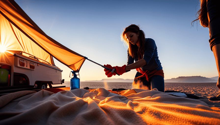 An image capturing the meticulous process of cleaning a pop-up camper canvas: a pair of gloved hands gently scrubbing the canvas with soapy water, removing dirt and stains, while sunlight illuminates the vibrant colored fabric