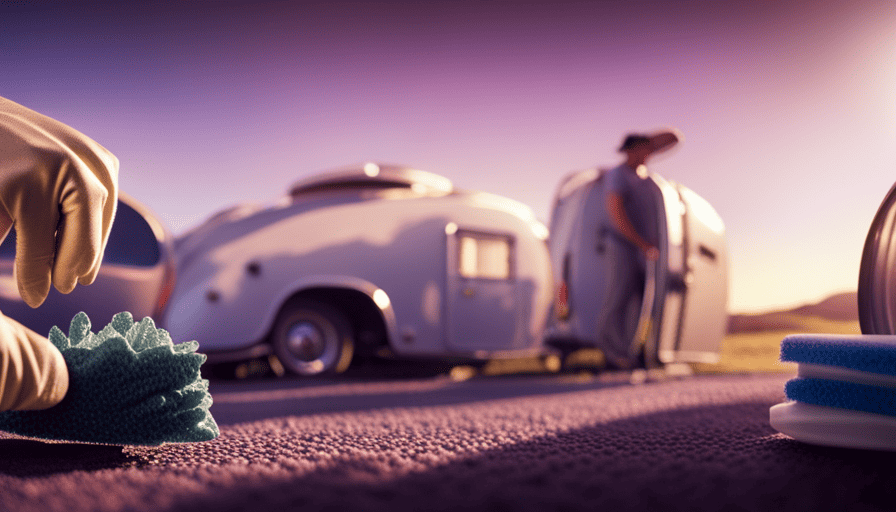 An image showcasing a sparkling pop-up camper, bathed in sunlight