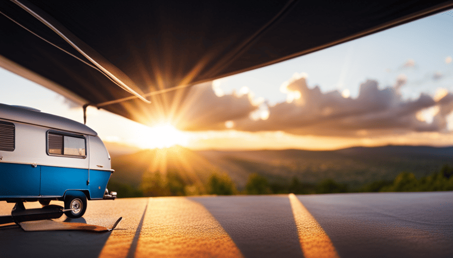 An image showcasing a camper awning being meticulously cleaned with a soft bristle brush, gentle soap suds cascading down, and a gleaming awning fabric, while a bright sunbeam illuminates the scene