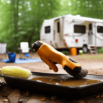 An image capturing a sunny campsite, featuring a person wearing rubber gloves delicately scrubbing the canvas of a camper with a soft-bristled brush