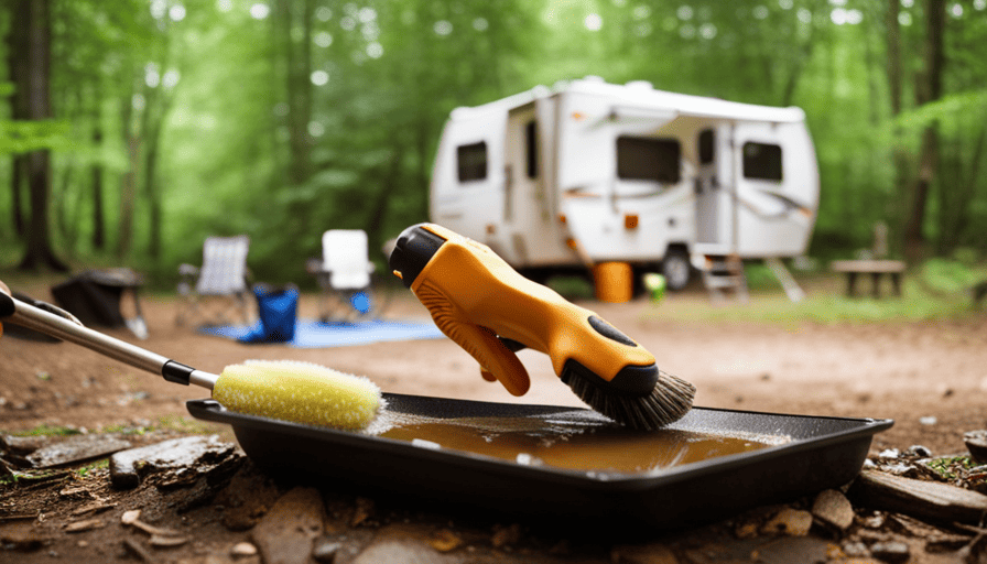An image capturing a sunny campsite, featuring a person wearing rubber gloves delicately scrubbing the canvas of a camper with a soft-bristled brush