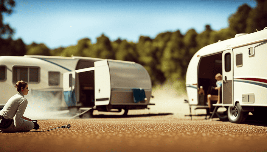 An image showcasing a bright sunny day with a sparkling camper exterior