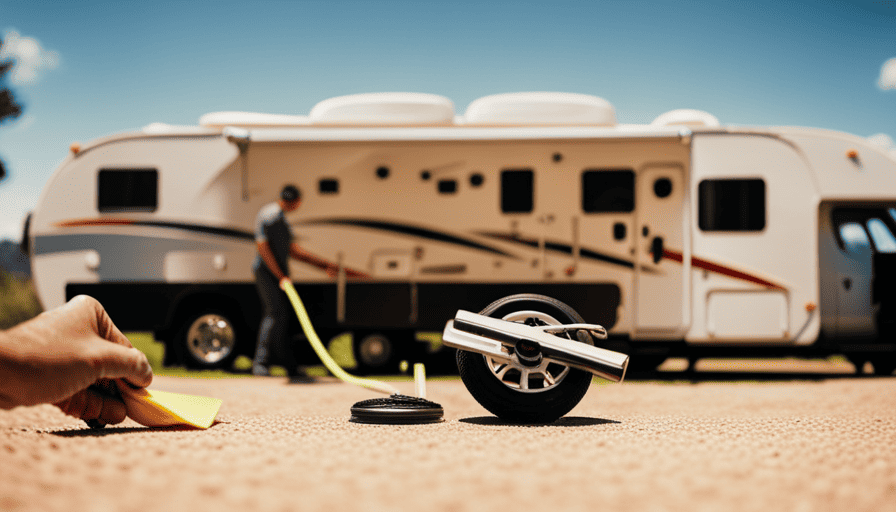 An image showcasing a sunny outdoor scene with a sparkling camper